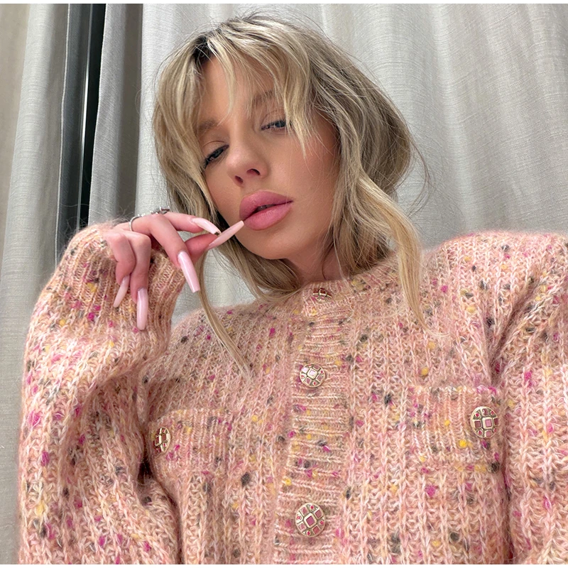 Knitted Jacquard Cardigans 2026 Autumn New Female Casual Stand Collar Full Sleeve Sweater Coats Women's Loose Printing Knitwear