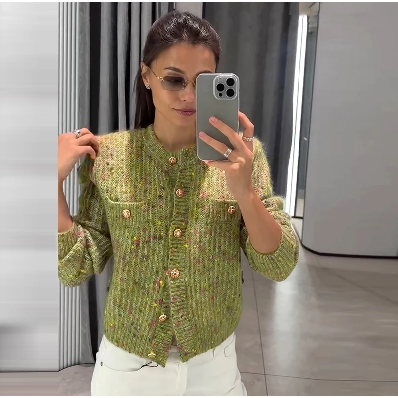 Knitted Jacquard Cardigans 2026 Autumn New Female Casual Stand Collar Full Sleeve Sweater Coats Women's Loose Printing Knitwear