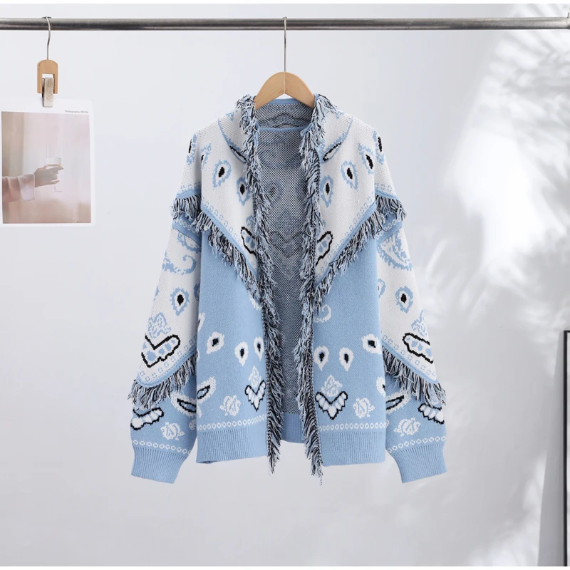 Knitted Jacquard Cardigans 2026 Autumn New Female Casual Stand Collar Full Sleeve Sweater Coats Women's Loose Printing Knitwear