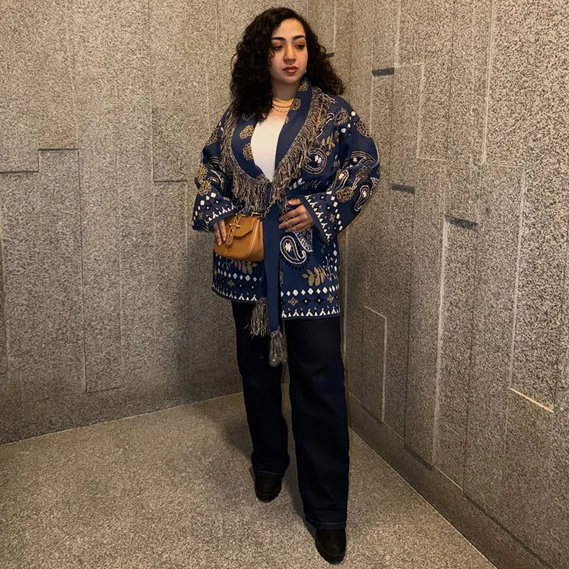 Knitted Jacquard Cardigans 2026 Autumn New Female Casual Stand Collar Full Sleeve Sweater Coats Women's Loose Printing Knitwear