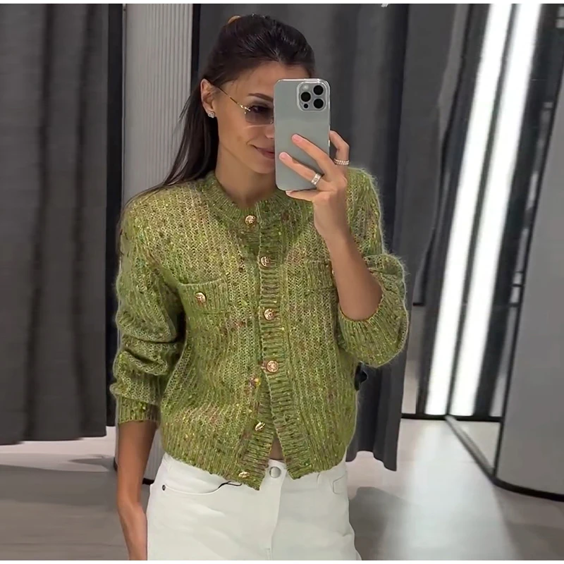 Knitted Jacquard Cardigans 2026 Autumn New Female Casual Stand Collar Full Sleeve Sweater Coats Women's Loose Printing Knitwear