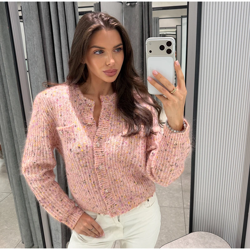 Knitted Jacquard Cardigans 2026 Autumn New Female Casual Stand Collar Full Sleeve Sweater Coats Women's Loose Printing Knitwear