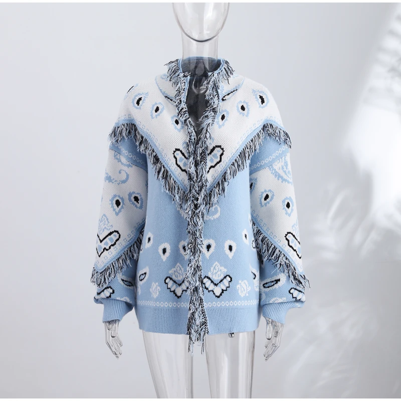 Knitted Jacquard Cardigans 2026 Autumn New Female Casual Stand Collar Full Sleeve Sweater Coats Women's Loose Printing Knitwear