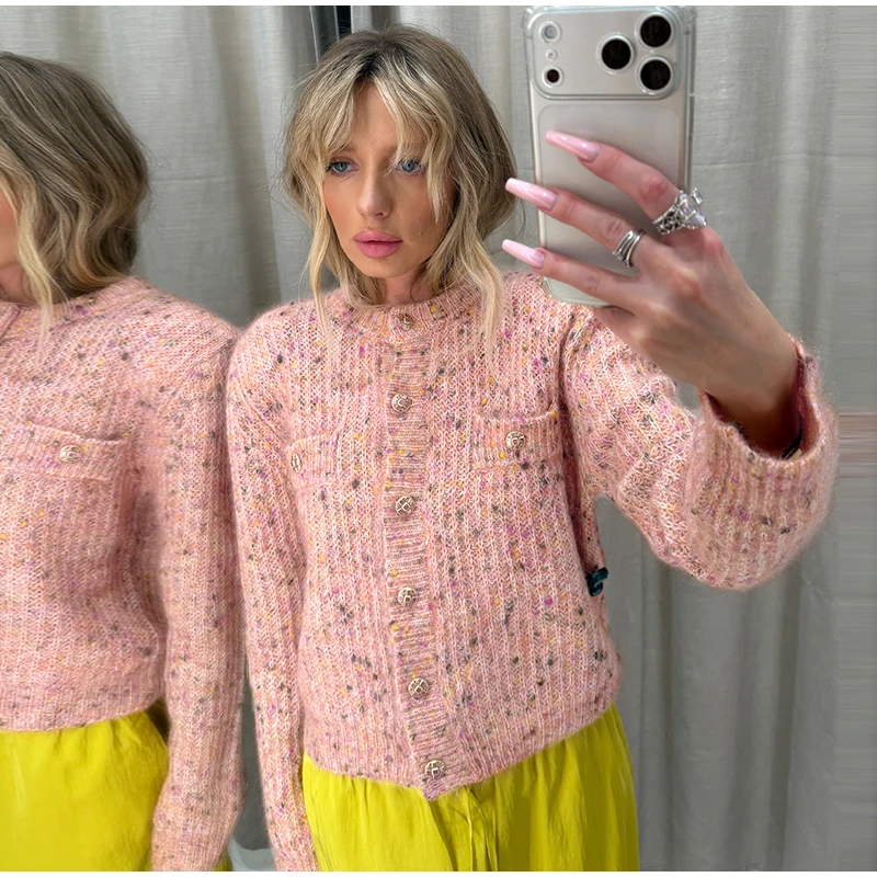 Knitted Jacquard Cardigans 2026 Autumn New Female Casual Stand Collar Full Sleeve Sweater Coats Women's Loose Printing Knitwear