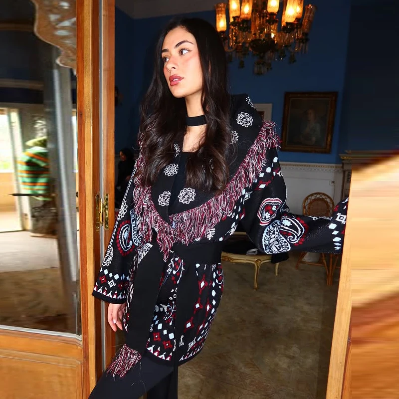 Knitted Jacquard Cardigans 2026 Autumn New Female Casual Stand Collar Full Sleeve Sweater Coats Women's Loose Printing Knitwear