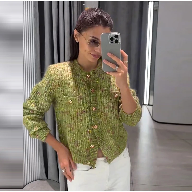 Knitted Jacquard Cardigans 2026 Autumn New Female Casual Stand Collar Full Sleeve Sweater Coats Women's Loose Printing Knitwear