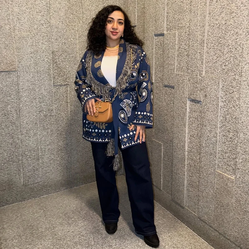 Knitted Jacquard Cardigans 2026 Autumn New Female Casual Stand Collar Full Sleeve Sweater Coats Women's Loose Printing Knitwear