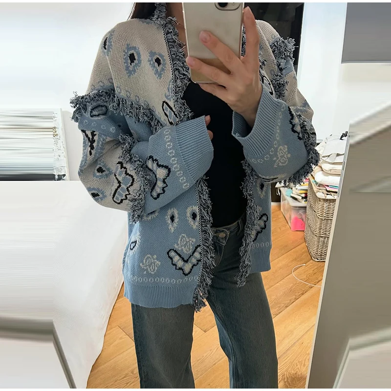 Knitted Jacquard Cardigans 2026 Autumn New Female Casual Stand Collar Full Sleeve Sweater Coats Women's Loose Printing Knitwear