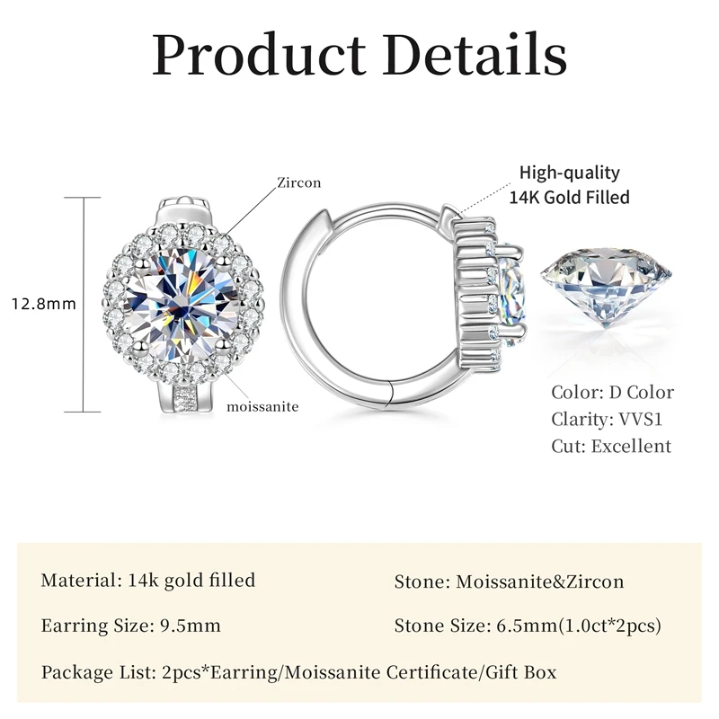 Lnngy Certified Moissanite Halo Earrings For Women 14K Gold Filled Lab Diamond Huggies Earring Sparkling Wedding Jewelry Gift