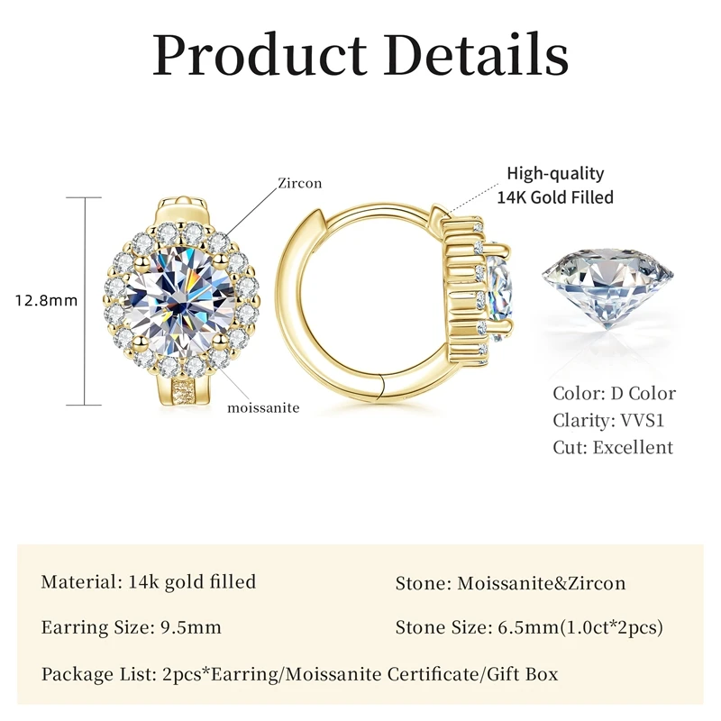 Lnngy Certified Moissanite Halo Earrings For Women 14K Gold Filled Lab Diamond Huggies Earring Sparkling Wedding Jewelry Gift