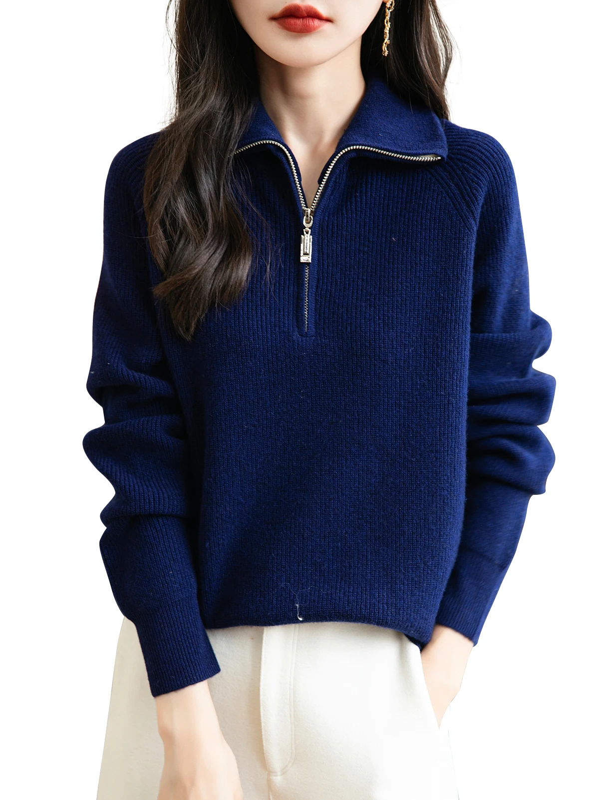 Turtleneck Wool Women's Sweater 100% Merino Wool Fall Winter Zip Pullover Casual Long Sleeve Knitted Sweater Top Female Clothing