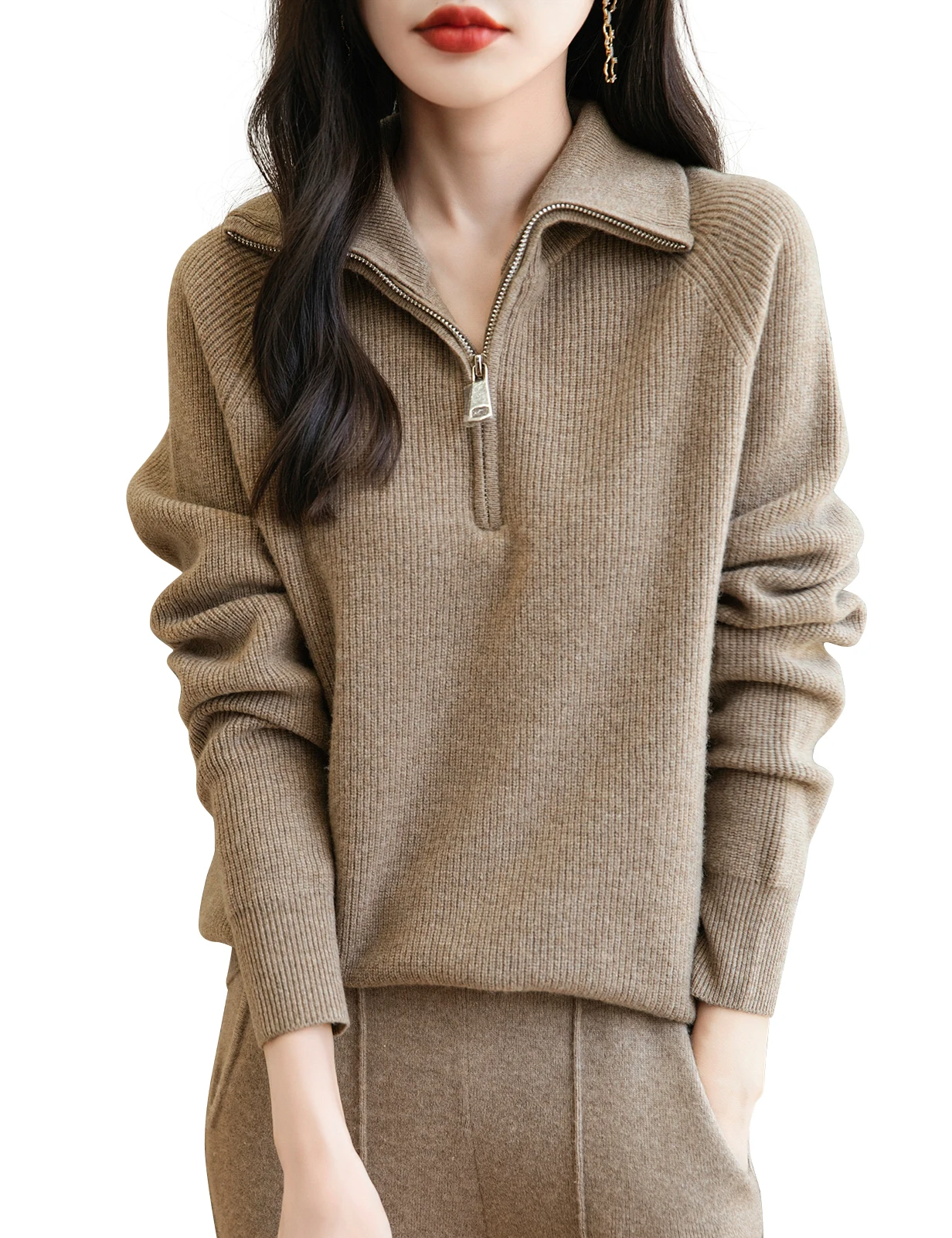 Turtleneck Wool Women's Sweater 100% Merino Wool Fall Winter Zip Pullover Casual Long Sleeve Knitted Sweater Top Female Clothing