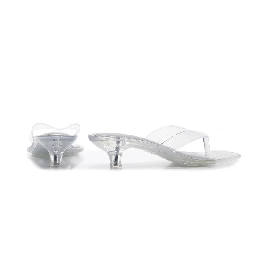 Glam Sheer Heeled Jelly Thong Sandals Women's Transparent Strap Square Toe Kitten Heels Woman Trendy Flip Flops Night Out Shoes