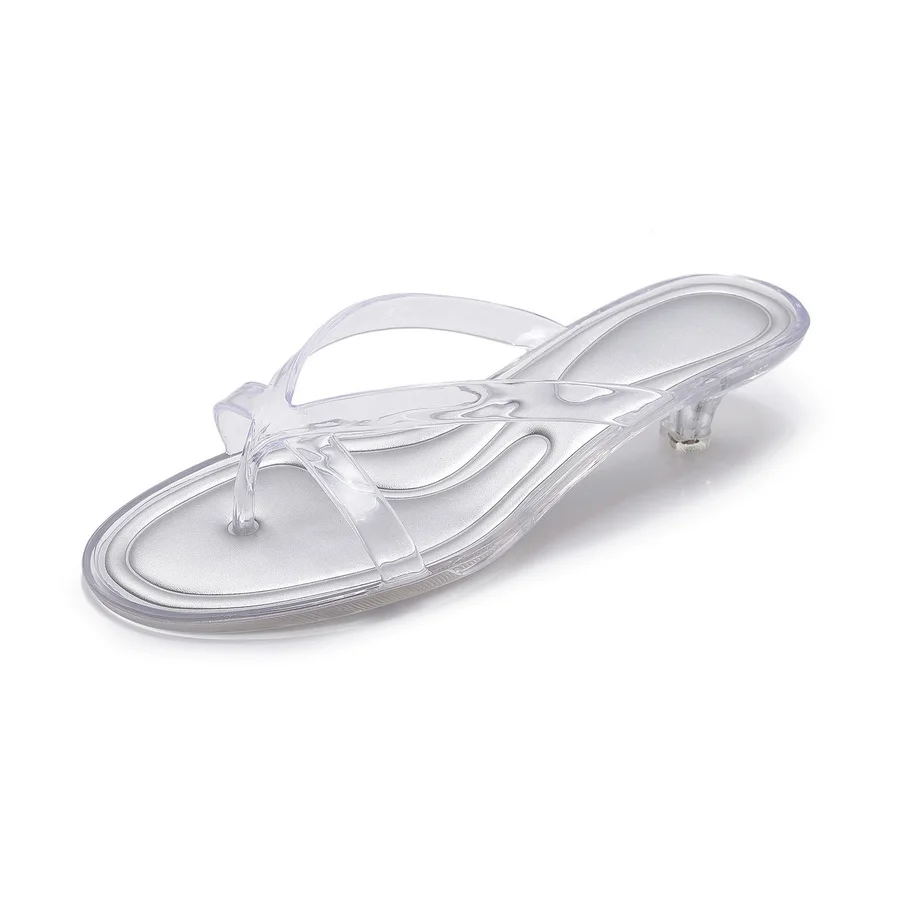 Glam Sheer Heeled Jelly Thong Sandals Women's Transparent Strap Square Toe Kitten Heels Woman Trendy Flip Flops Night Out Shoes
