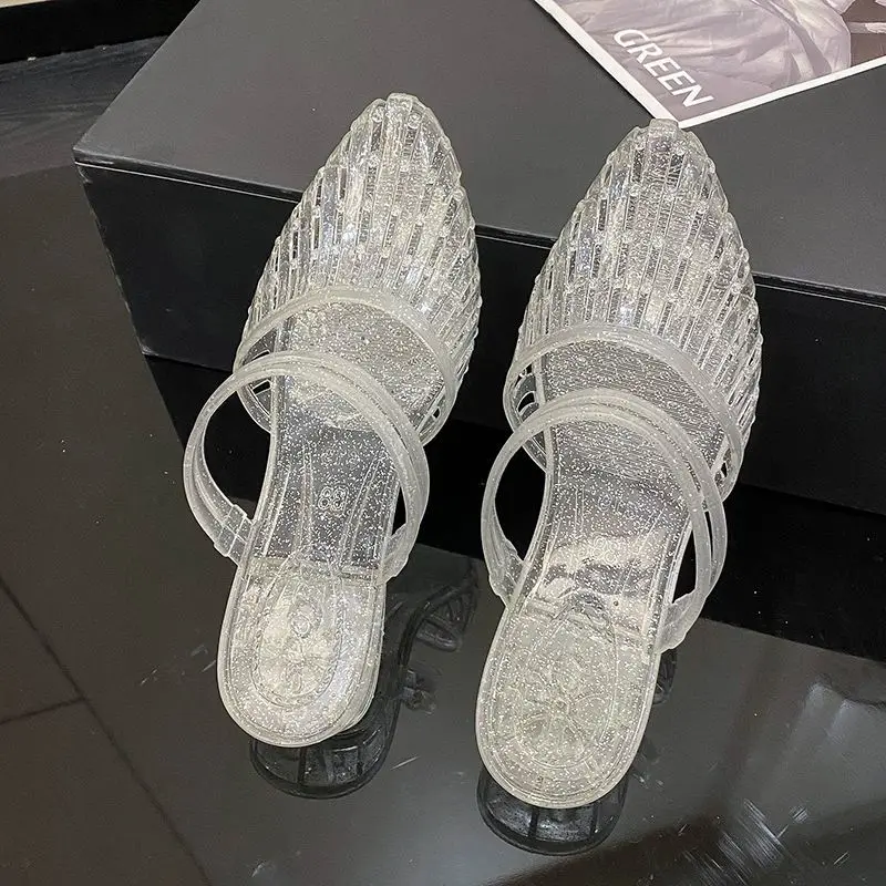 Glam Sheer Heeled Jelly Thong Sandals Women's Transparent Strap Square Toe Kitten Heels Woman Trendy Flip Flops Night Out Shoes