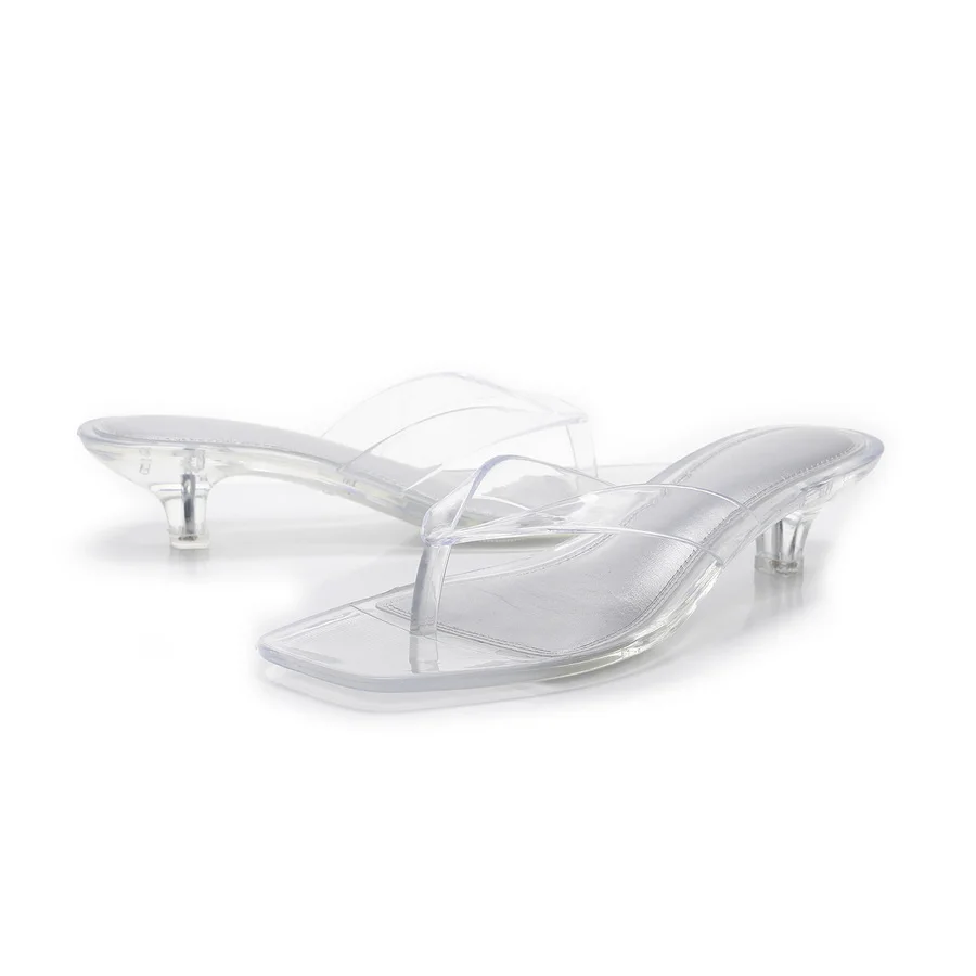 Glam Sheer Heeled Jelly Thong Sandals Women's Transparent Strap Square Toe Kitten Heels Woman Trendy Flip Flops Night Out Shoes