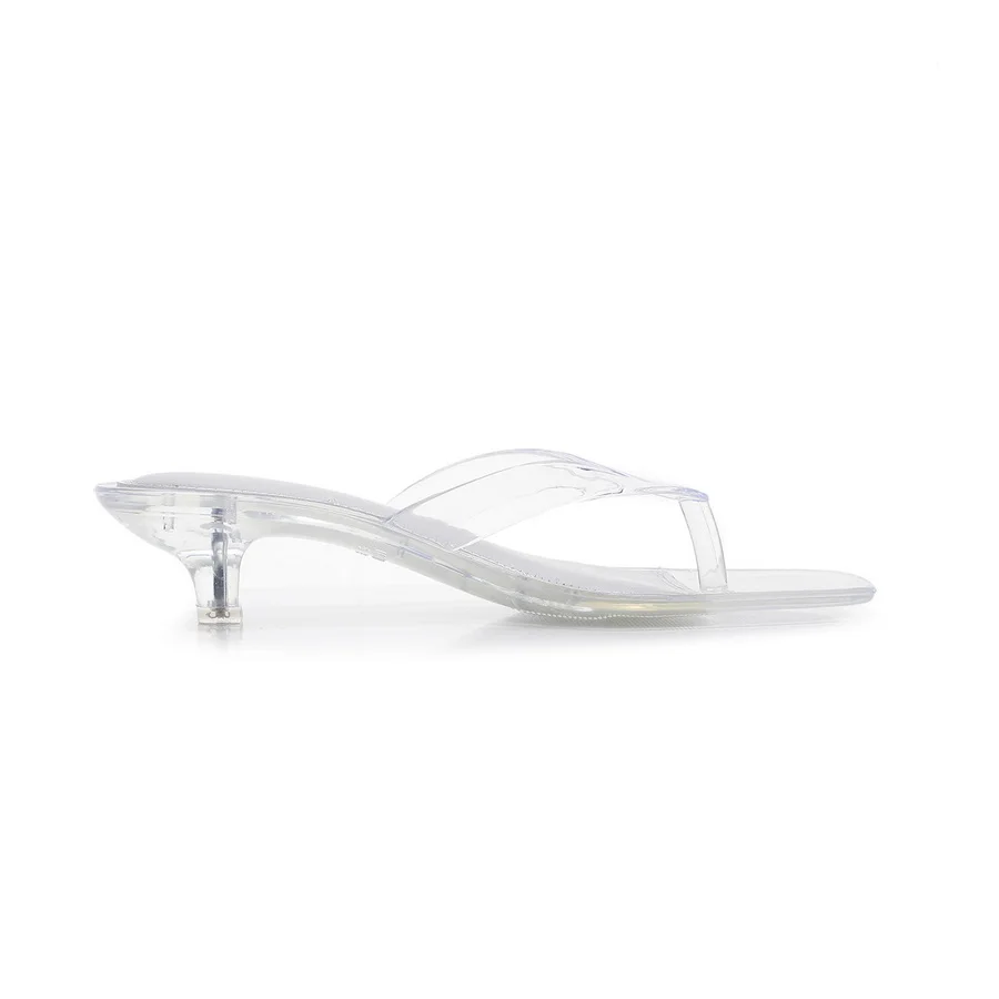 Glam Sheer Heeled Jelly Thong Sandals Women's Transparent Strap Square Toe Kitten Heels Woman Trendy Flip Flops Night Out Shoes