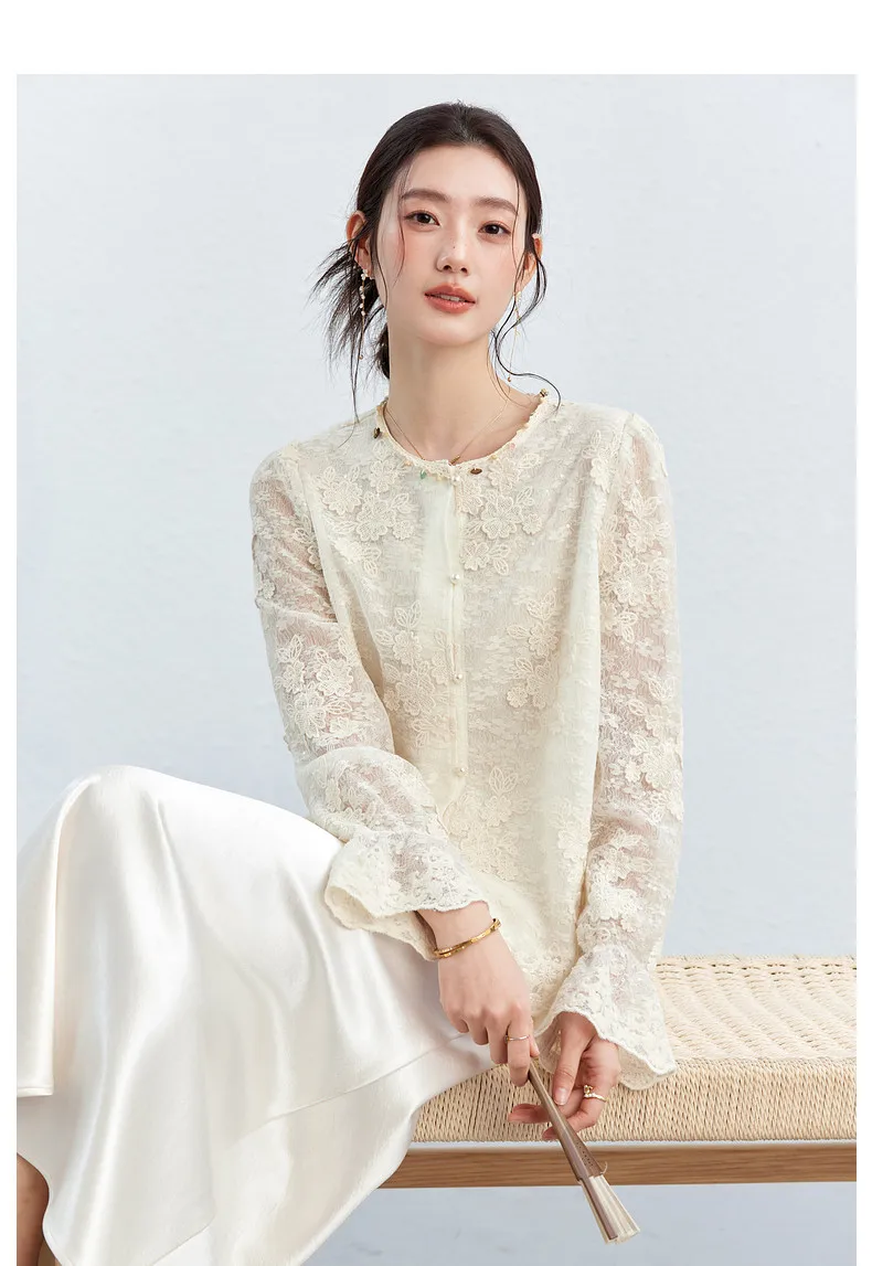 VIMLY Apricot Lace Blouse Women 2026 Spring New O-Neck Floral Embroidery Scallop Hem Top French Style Elegant Casual Shirt A5236