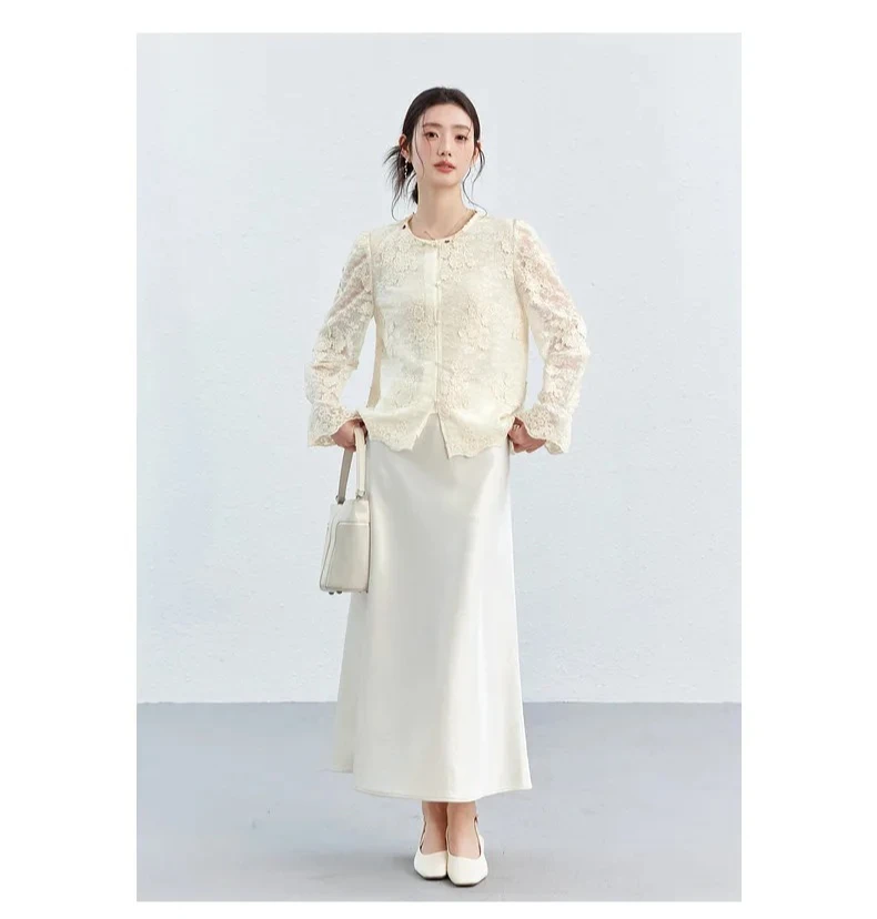 VIMLY Apricot Lace Blouse Women 2026 Spring New O-Neck Floral Embroidery Scallop Hem Top French Style Elegant Casual Shirt A5236