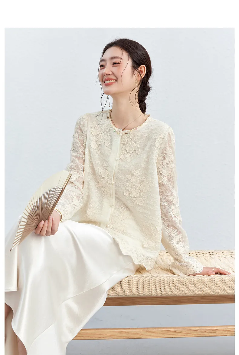 VIMLY Apricot Lace Blouse Women 2026 Spring New O-Neck Floral Embroidery Scallop Hem Top French Style Elegant Casual Shirt A5236
