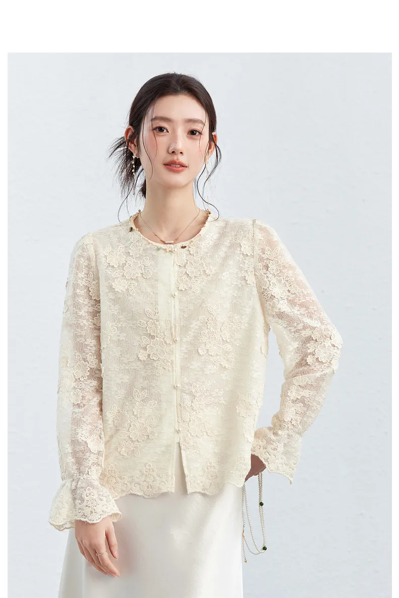 VIMLY Apricot Lace Blouse Women 2026 Spring New O-Neck Floral Embroidery Scallop Hem Top French Style Elegant Casual Shirt A5236