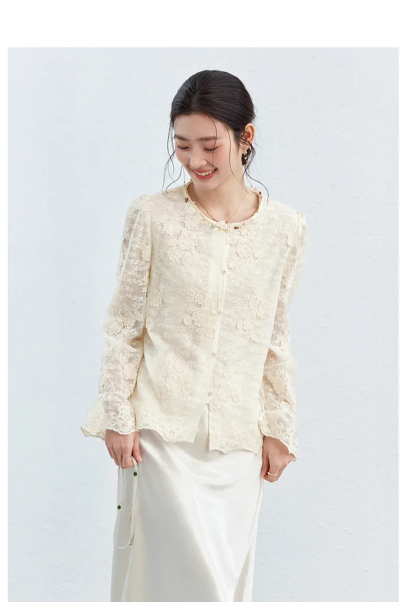 VIMLY Apricot Lace Blouse Women 2026 Spring New O-Neck Floral Embroidery Scallop Hem Top French Style Elegant Casual Shirt A5236