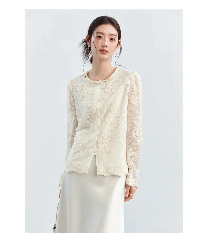 VIMLY Apricot Lace Blouse Women 2026 Spring New O-Neck Floral Embroidery Scallop Hem Top French Style Elegant Casual Shirt A5236