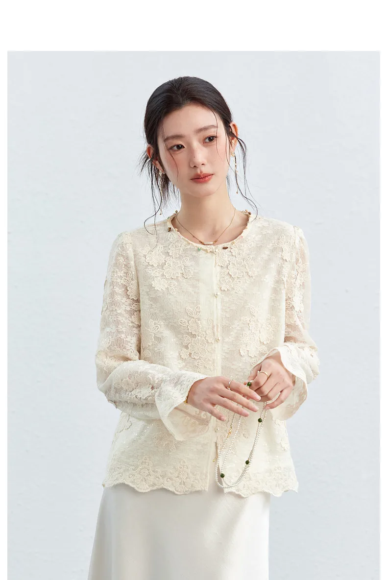 VIMLY Apricot Lace Blouse Women 2026 Spring New O-Neck Floral Embroidery Scallop Hem Top French Style Elegant Casual Shirt A5236