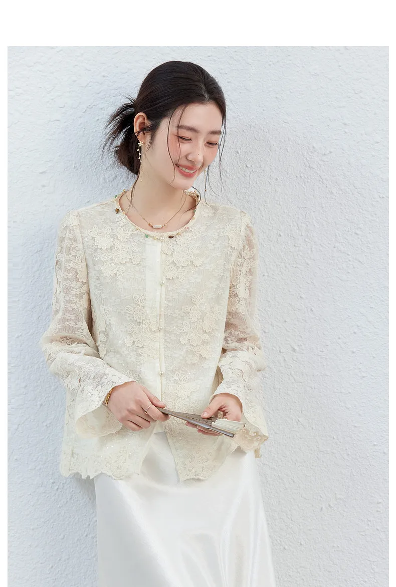 VIMLY Apricot Lace Blouse Women 2026 Spring New O-Neck Floral Embroidery Scallop Hem Top French Style Elegant Casual Shirt A5236