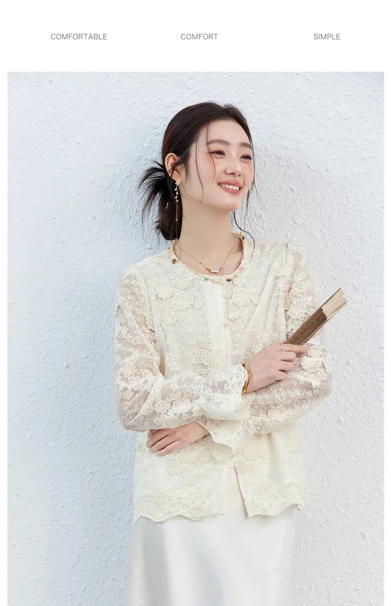 VIMLY Apricot Lace Blouse Women 2026 Spring New O-Neck Floral Embroidery Scallop Hem Top French Style Elegant Casual Shirt A5236