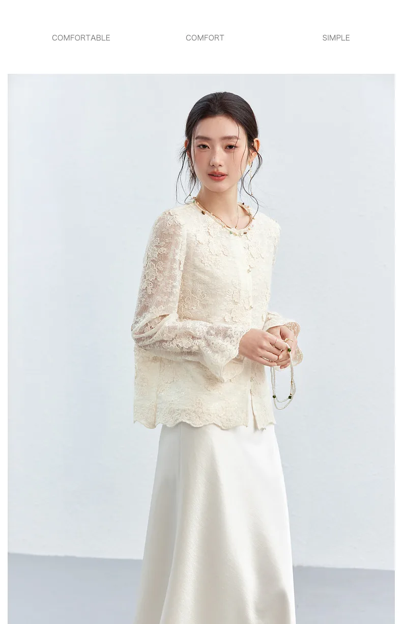 VIMLY Apricot Lace Blouse Women 2026 Spring New O-Neck Floral Embroidery Scallop Hem Top French Style Elegant Casual Shirt A5236