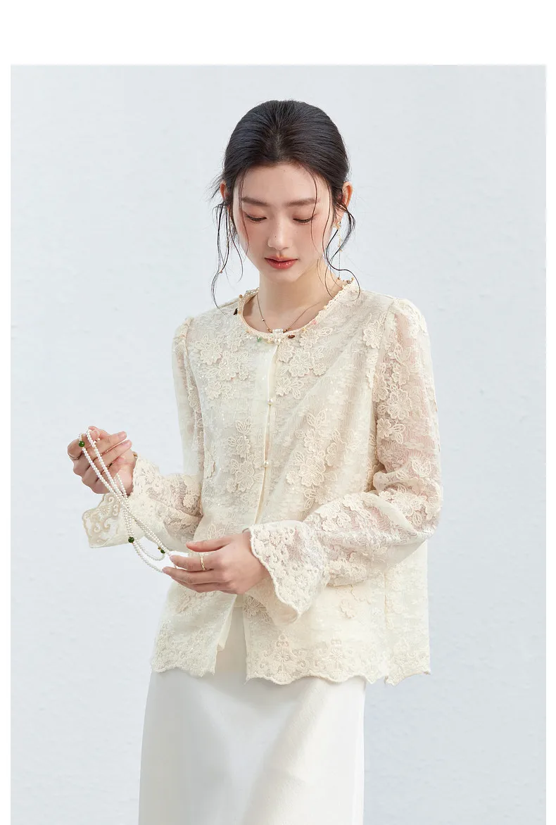 VIMLY Apricot Lace Blouse Women 2026 Spring New O-Neck Floral Embroidery Scallop Hem Top French Style Elegant Casual Shirt A5236