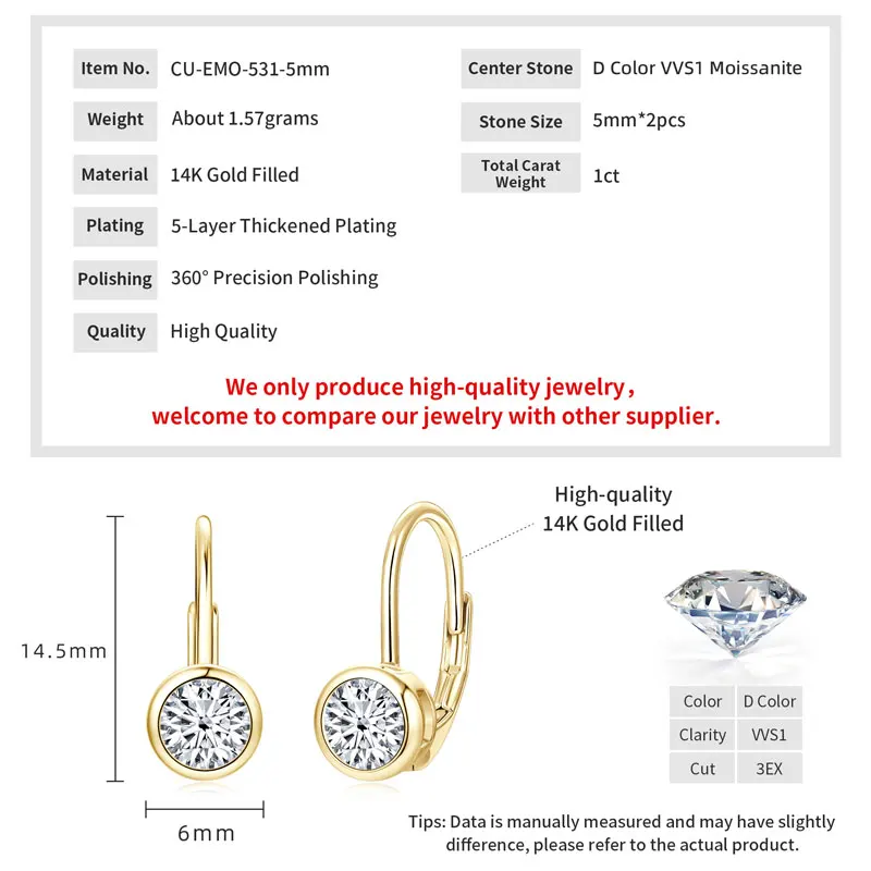 Lnkry 5MM/6.5MM/8MM Moissanite Hoop Earring 14k Gold-Filled Sparling Lab Diamond Leverback Earrings for Women Gift