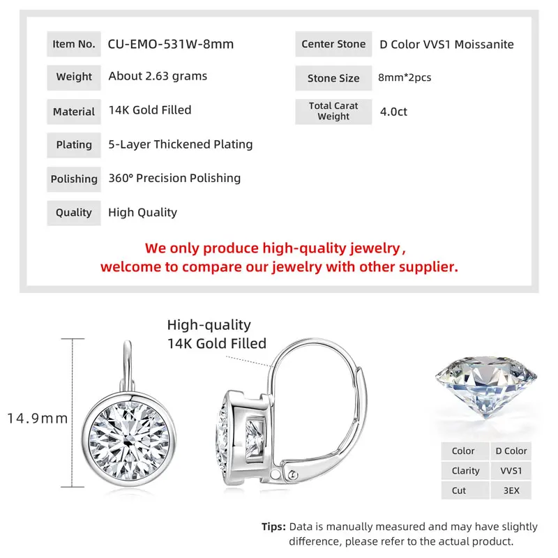 Lnkry 5MM/6.5MM/8MM Moissanite Hoop Earring 14k Gold-Filled Sparling Lab Diamond Leverback Earrings for Women Gift