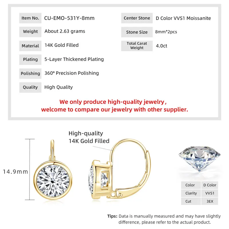 Lnkry 5MM/6.5MM/8MM Moissanite Hoop Earring 14k Gold-Filled Sparling Lab Diamond Leverback Earrings for Women Gift