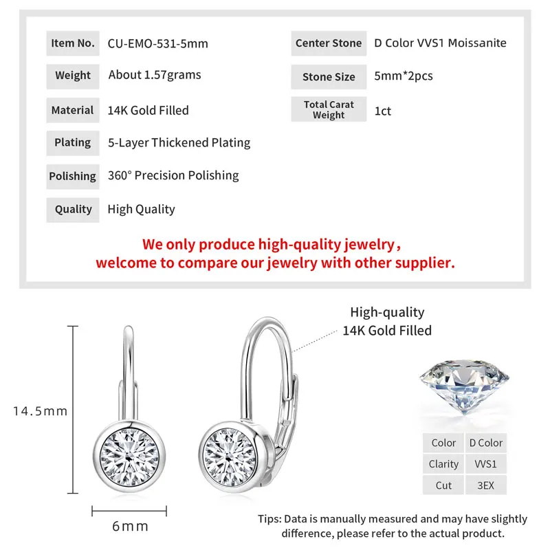 Lnkry 5MM/6.5MM/8MM Moissanite Hoop Earring 14k Gold-Filled Sparling Lab Diamond Leverback Earrings for Women Gift