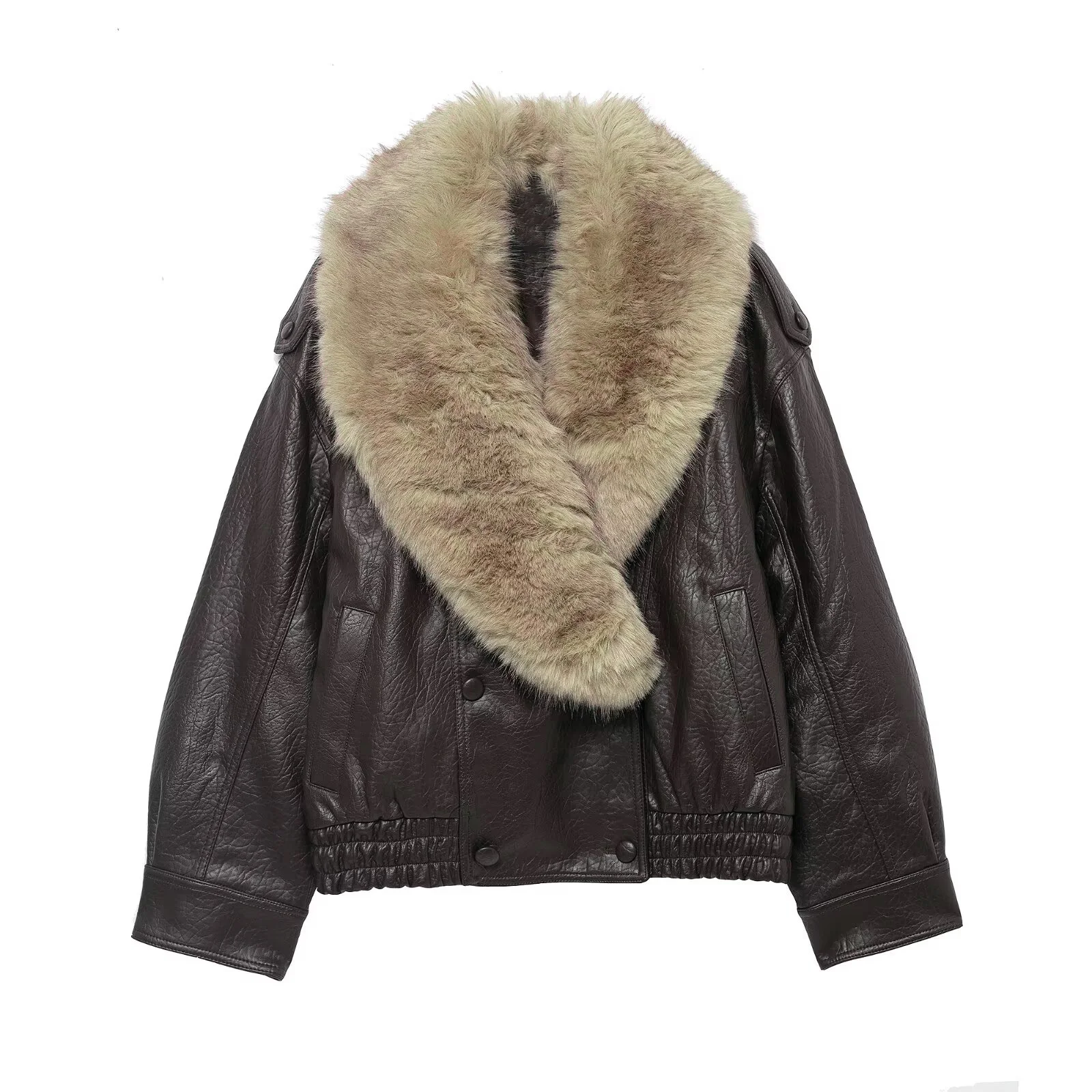 TFMLN 2025 Winter Women Loose Faux Leather Jacket Fashion Removed Big Fur Collar Causal Coat High Street Double Breasted Outwear