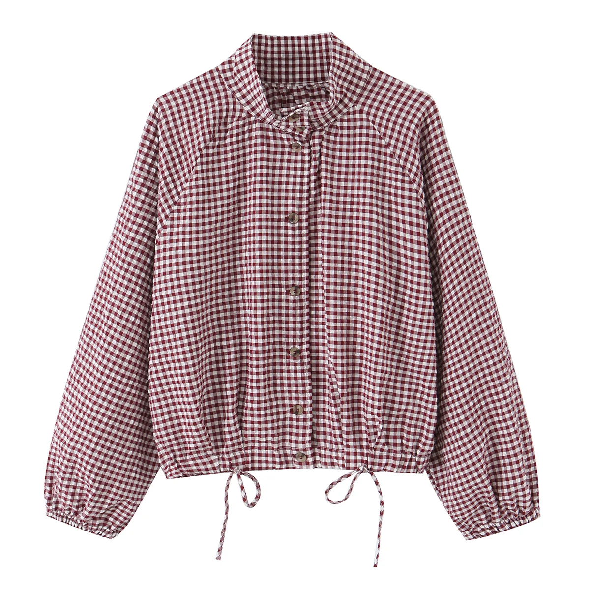 BSAY New Ladies Cropped Gingham Plaid Outerwear Stand Collar Long Puff Sleeve Button Up Drawstring Hem Casual Loose Check Jacket