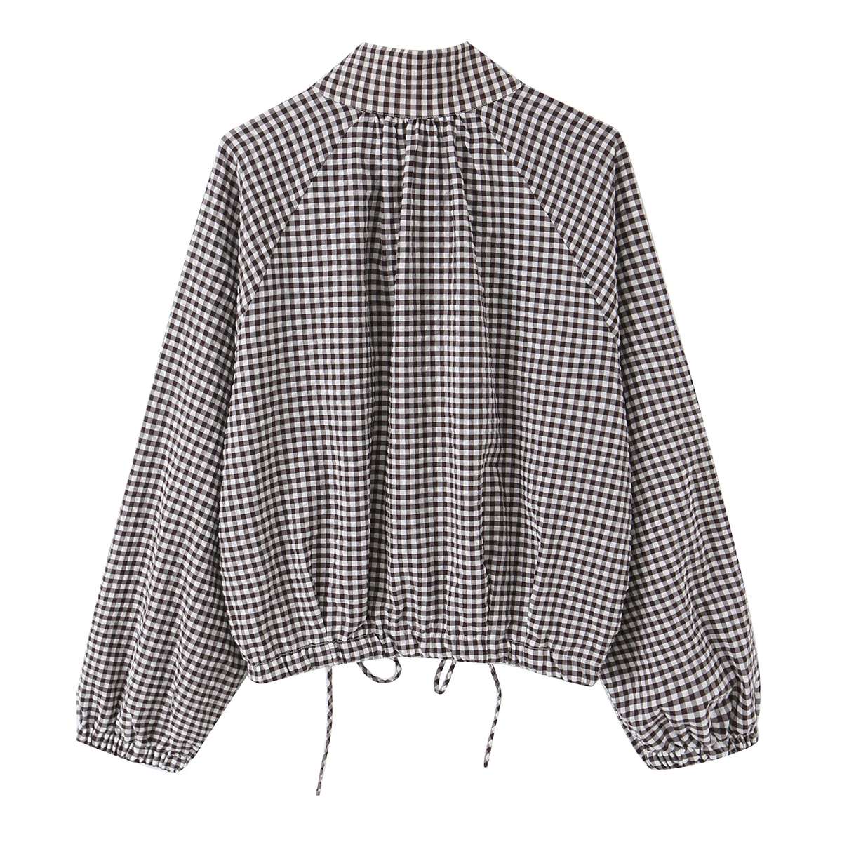 BSAY New Ladies Cropped Gingham Plaid Outerwear Stand Collar Long Puff Sleeve Button Up Drawstring Hem Casual Loose Check Jacket