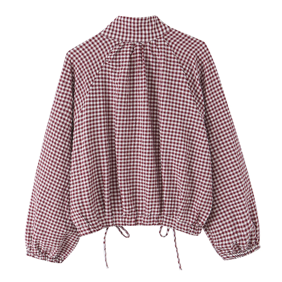 BSAY New Ladies Cropped Gingham Plaid Outerwear Stand Collar Long Puff Sleeve Button Up Drawstring Hem Casual Loose Check Jacket
