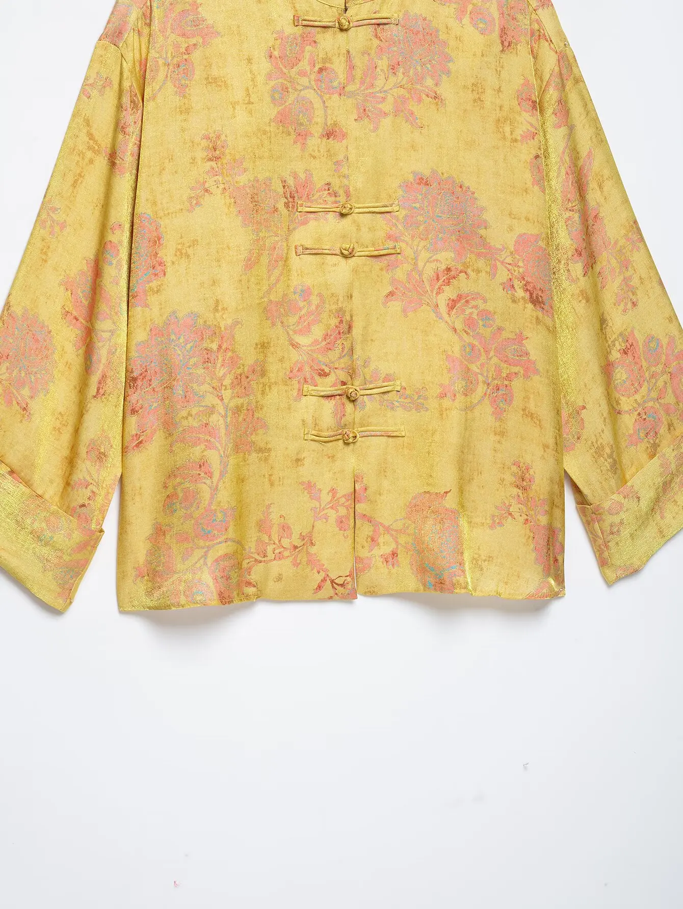 2026 Women Vintage Wide Leg Pant Set Chinese Style Stand Collar Frog Button Long Sleeve Shirt Loose Trousers Print Two Piece Set