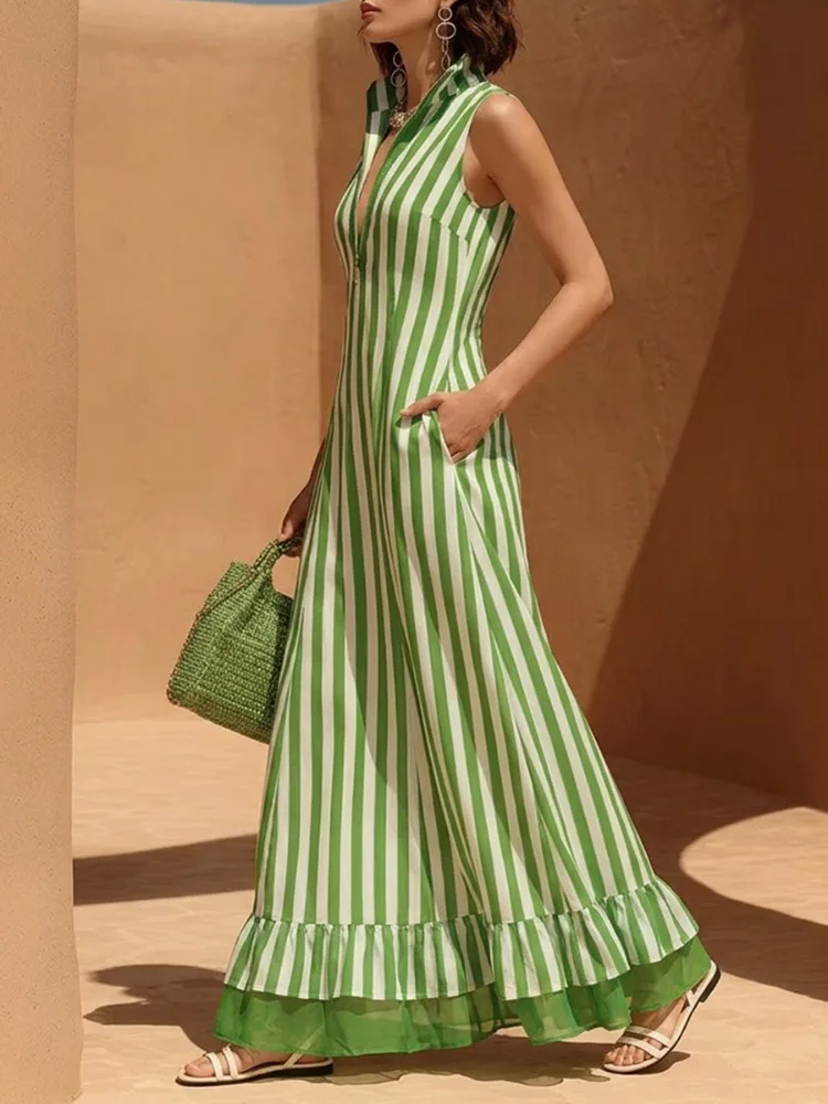Yeezzi Women's French Style Striped Zipper A-Line Dress 2026 New Sleeveless Layer Ruffle Hem Stand Collar Evening Maxi Dresses