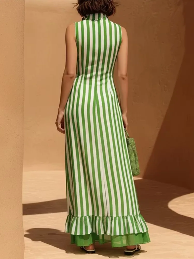 Yeezzi Women's French Style Striped Zipper A-Line Dress 2026 New Sleeveless Layer Ruffle Hem Stand Collar Evening Maxi Dresses