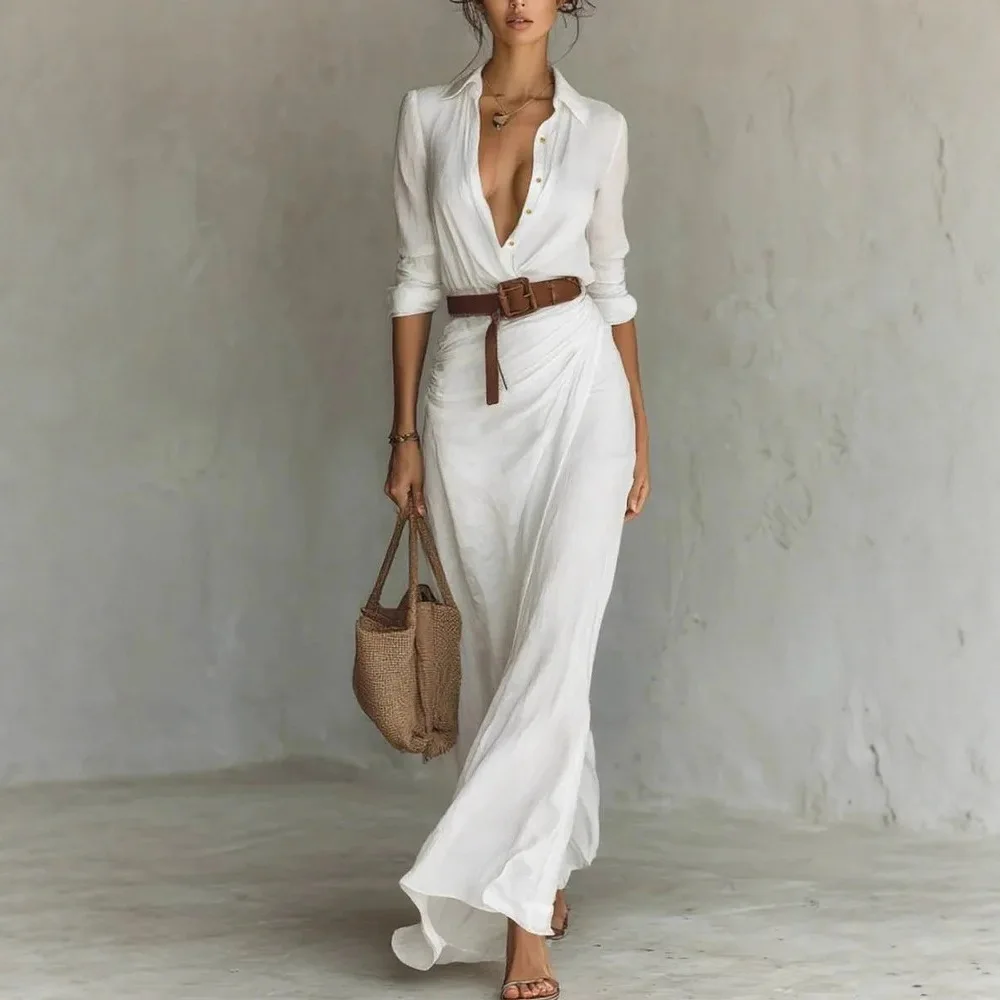 Khaki Women Lapel Long Sleeve Shirt Maxi Dress Belted Wrap Ruched Flowy Casual Beach Vacation Elegant Party Long Dresses