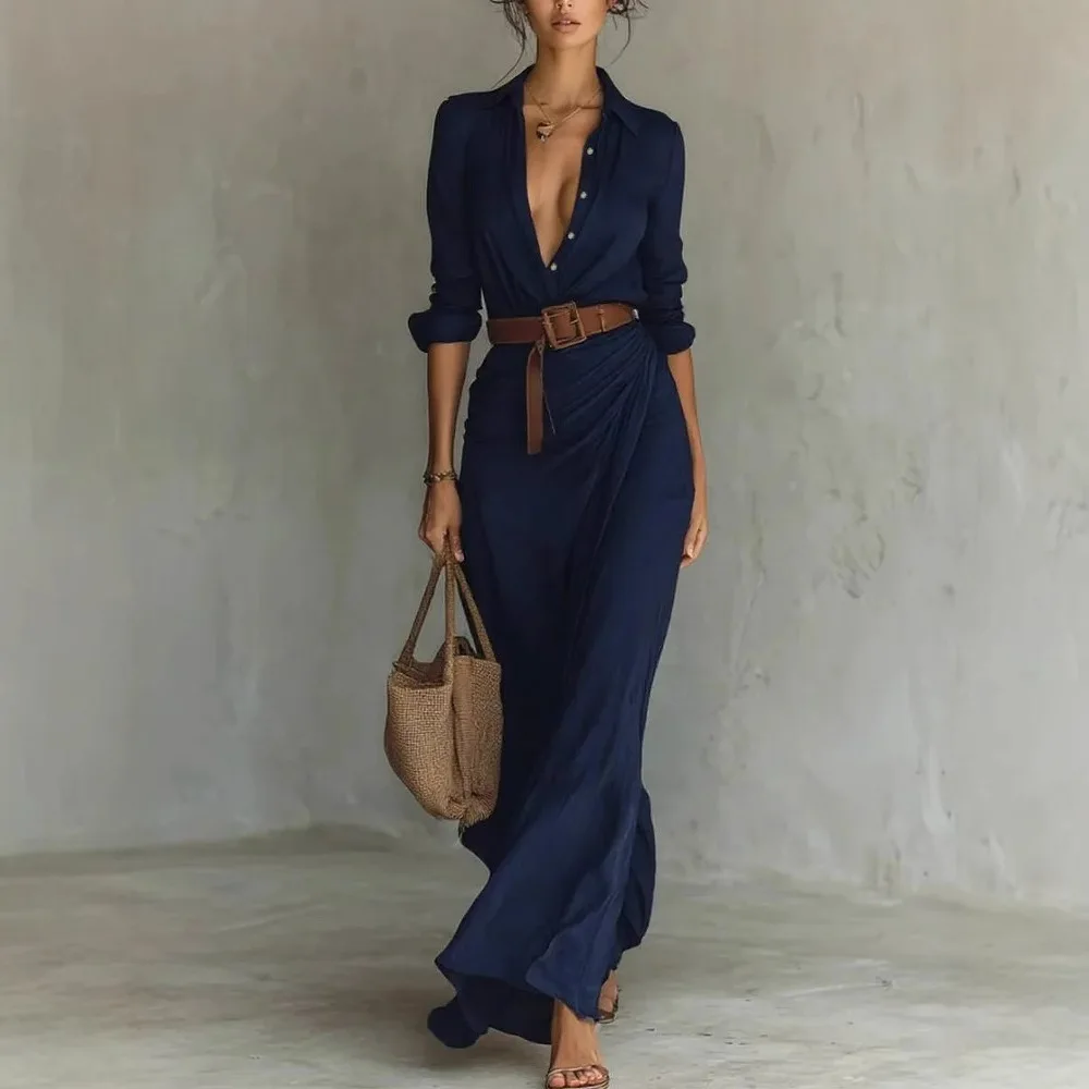 Khaki Women Lapel Long Sleeve Shirt Maxi Dress Belted Wrap Ruched Flowy Casual Beach Vacation Elegant Party Long Dresses