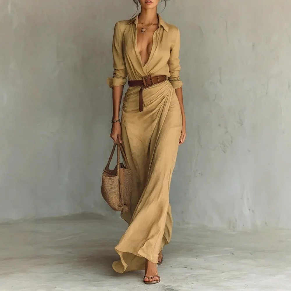 Khaki Women Lapel Long Sleeve Shirt Maxi Dress Belted Wrap Ruched Flowy Casual Beach Vacation Elegant Party Long Dresses