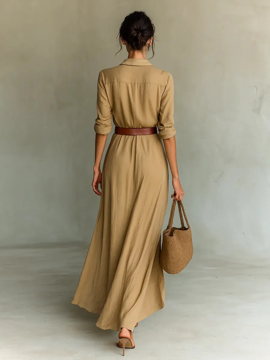 Khaki Women Lapel Long Sleeve Shirt Maxi Dress Belted Wrap Ruched Flowy Casual Beach Vacation Elegant Party Long Dresses