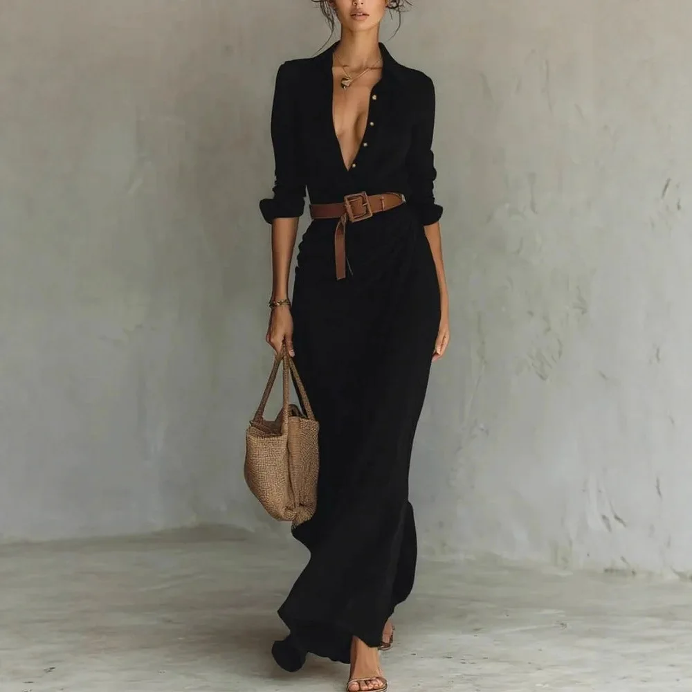 Khaki Women Lapel Long Sleeve Shirt Maxi Dress Belted Wrap Ruched Flowy Casual Beach Vacation Elegant Party Long Dresses