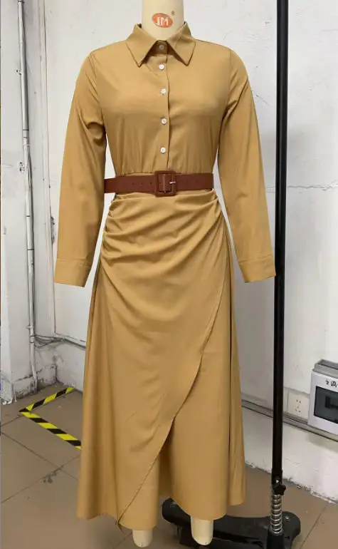 Khaki Women Lapel Long Sleeve Shirt Maxi Dress Belted Wrap Ruched Flowy Casual Beach Vacation Elegant Party Long Dresses