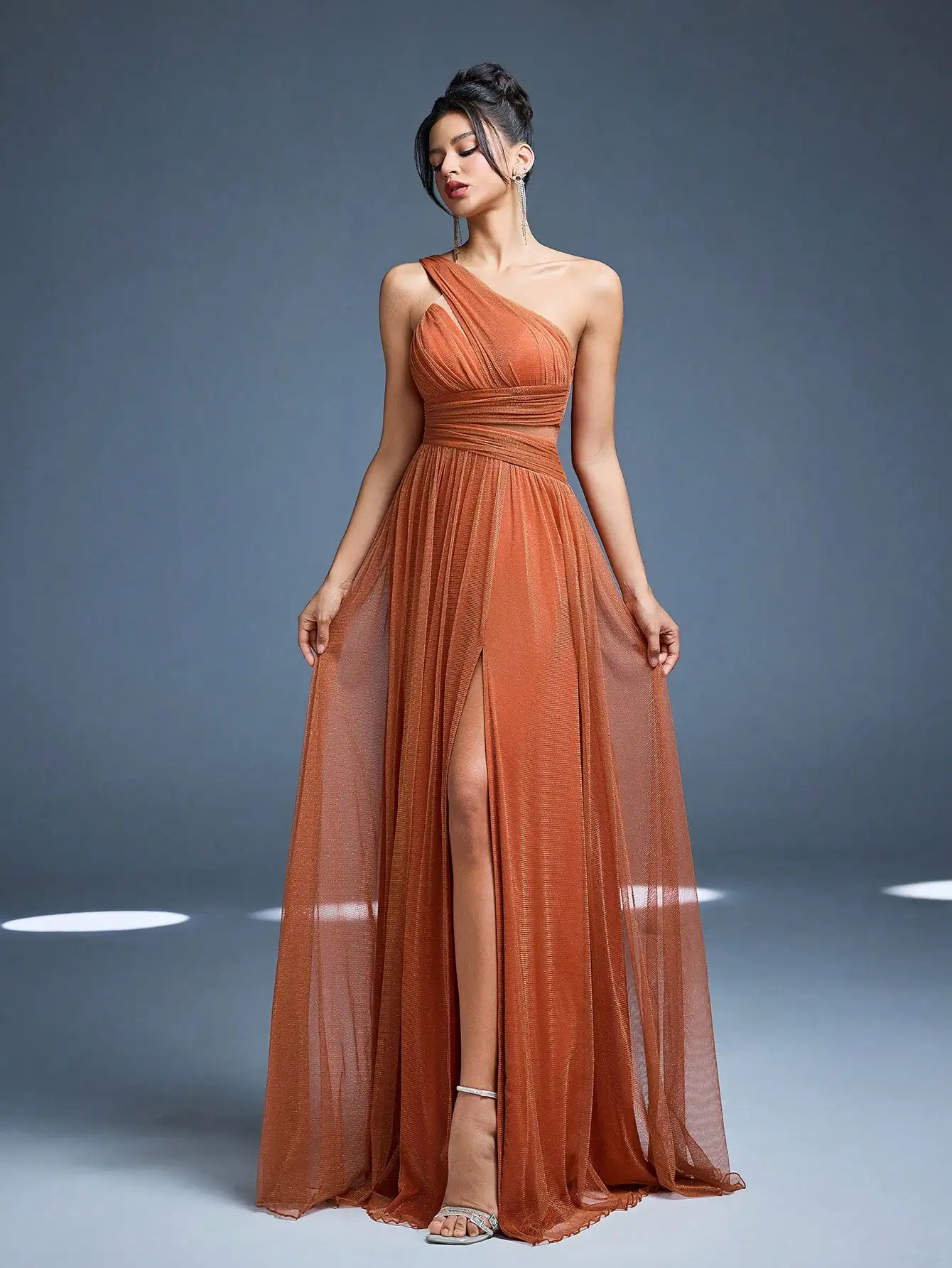 Mgiacy New Arrival One Shoulder Solid Color Bridesmaid DressperspectiveRuchedHigh slitMesh,Long dress